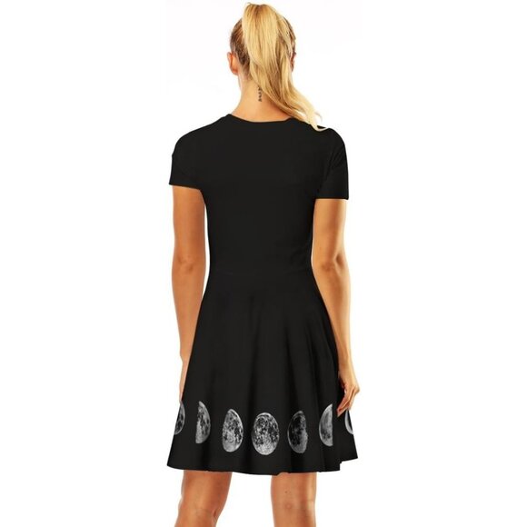 Women's 3D Moon Print Short Sleeve Casual Flared Swing Black Midi Dress - Picture 6 of 6
